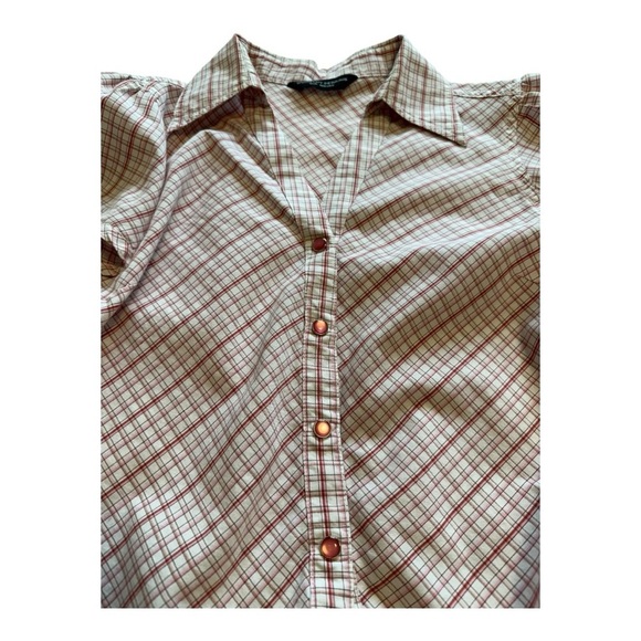 Dorothy Perkins Short Sleeve Tie Front Snap Button Plaid Blouse - Size Medium - Picture 5 of 14